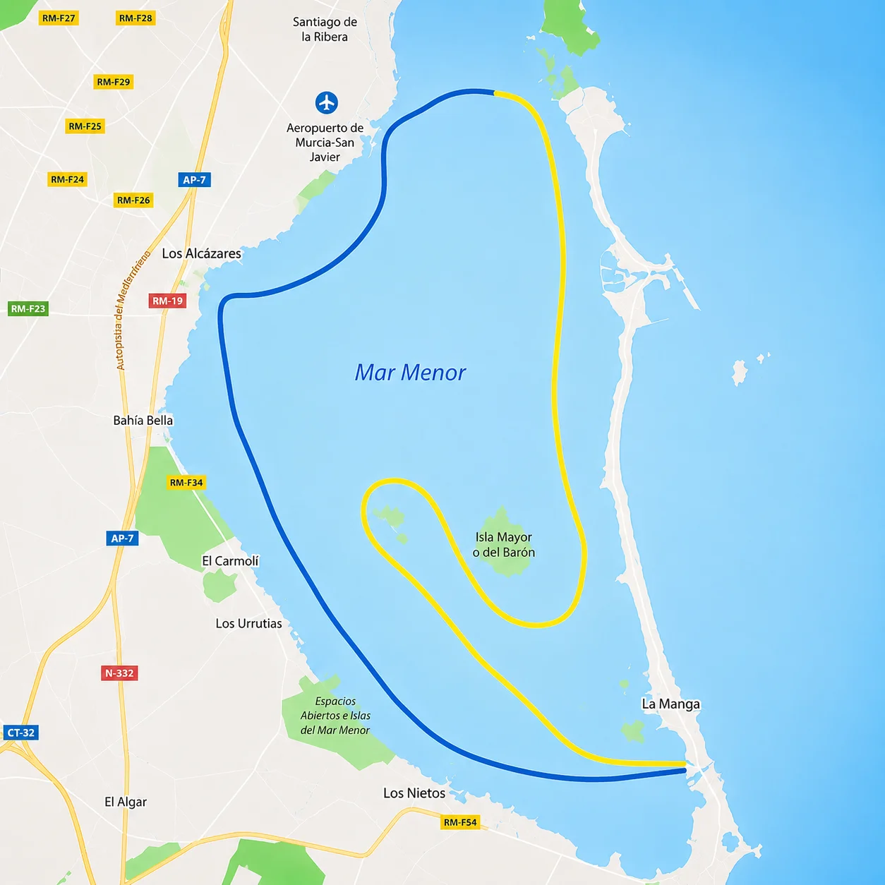 Mapa de la Ruta Mar Menor: Los Alcázares, Los Narejos, San Javier, Isla del Barón y La Manga